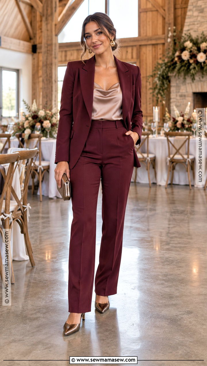 Burgundy Tailored Pantsuit Outfit - 15 fall rustic wedding guest outfit ideas
