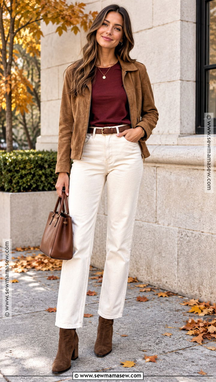 Burgundy Tee With Cream Jeans And Suede Jacket - 20 Fall Tees Ideas