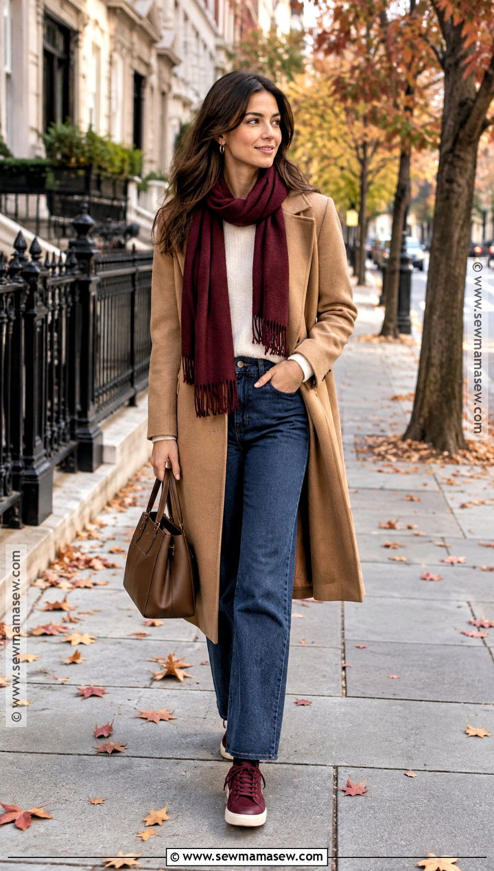 Burgundy Tennis Shoes With Dark Jeans And Wool Coat - 15 tennis shoes outfit fall