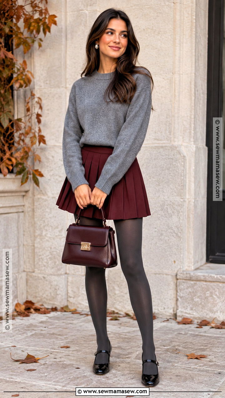 Burgundy Tennis Skirt With Gray Sweater and Mary Janes - 20 Fall Tennis Skirt Outfit Ideas