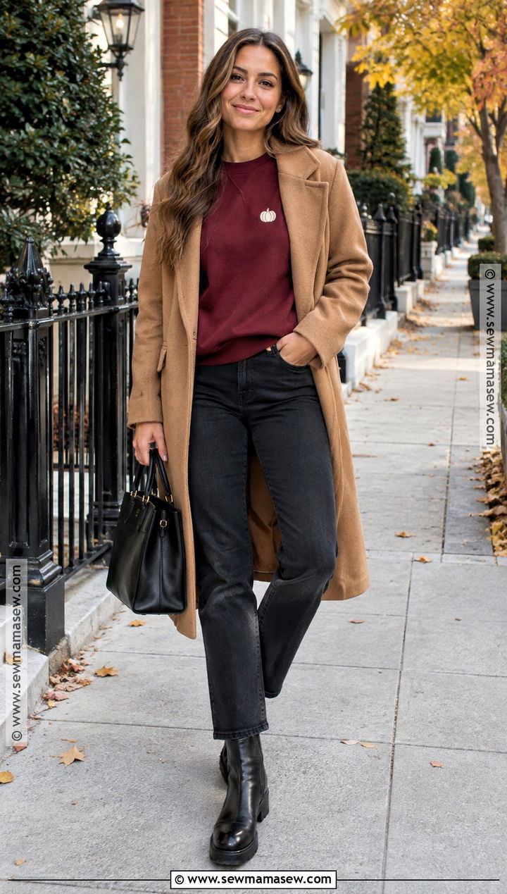 Burgundy Thanksgiving Sweatshirt With Black Jeans - 20 Thanksgiving Sweatshirt Ideas