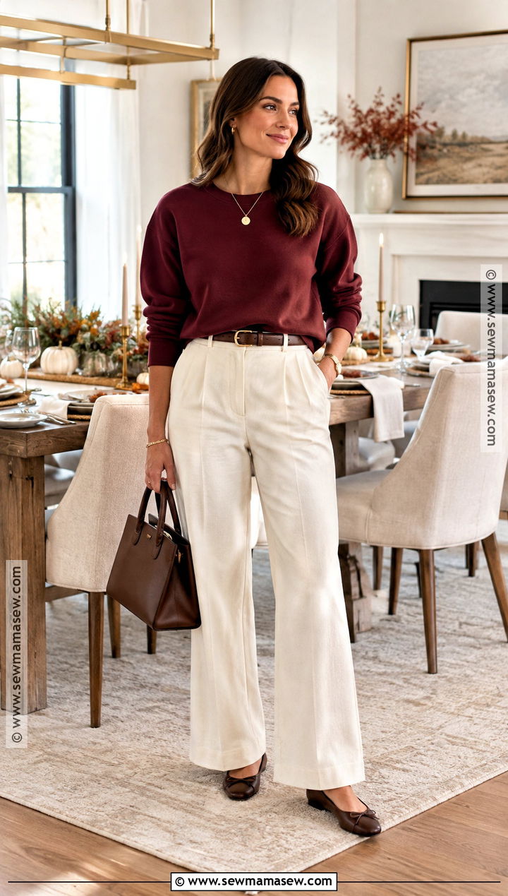 Burgundy Thanksgiving Sweatshirt With Cream Trousers - 25 thanksgiving sweatshirt ideas