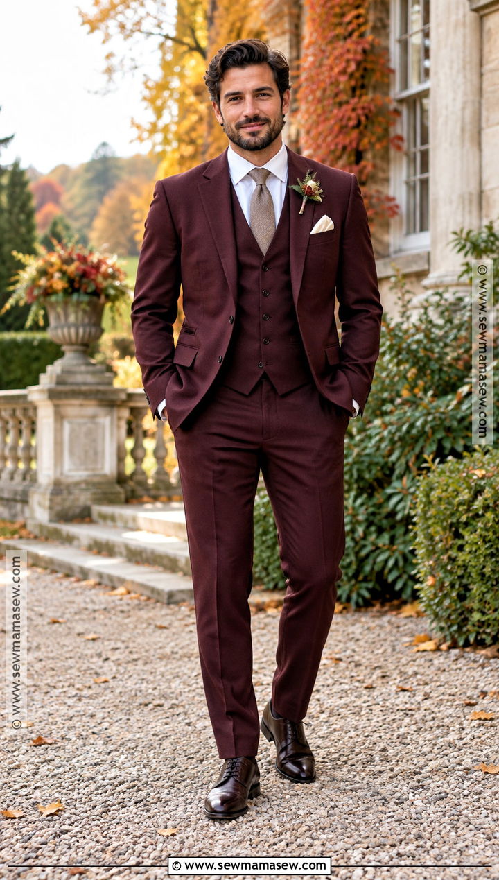Burgundy Three Piece Fall Groom Suit - 15 fall groom wedding attire ideas
