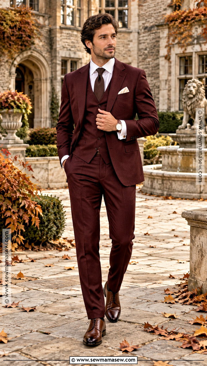 Burgundy Three Piece Fall Groom Suit - 15 fall groom outfit ideas