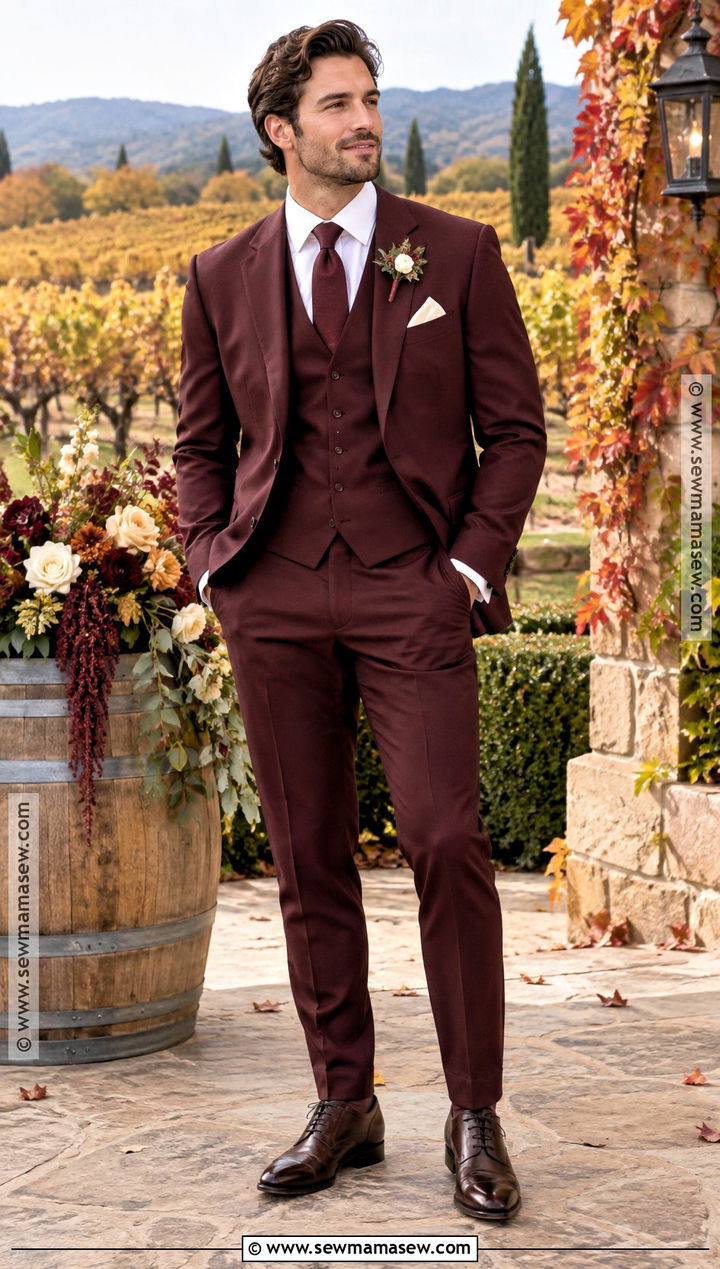 Burgundy Three Piece Fall Wedding Suit - 20 fall wedding suits groom attire ideas