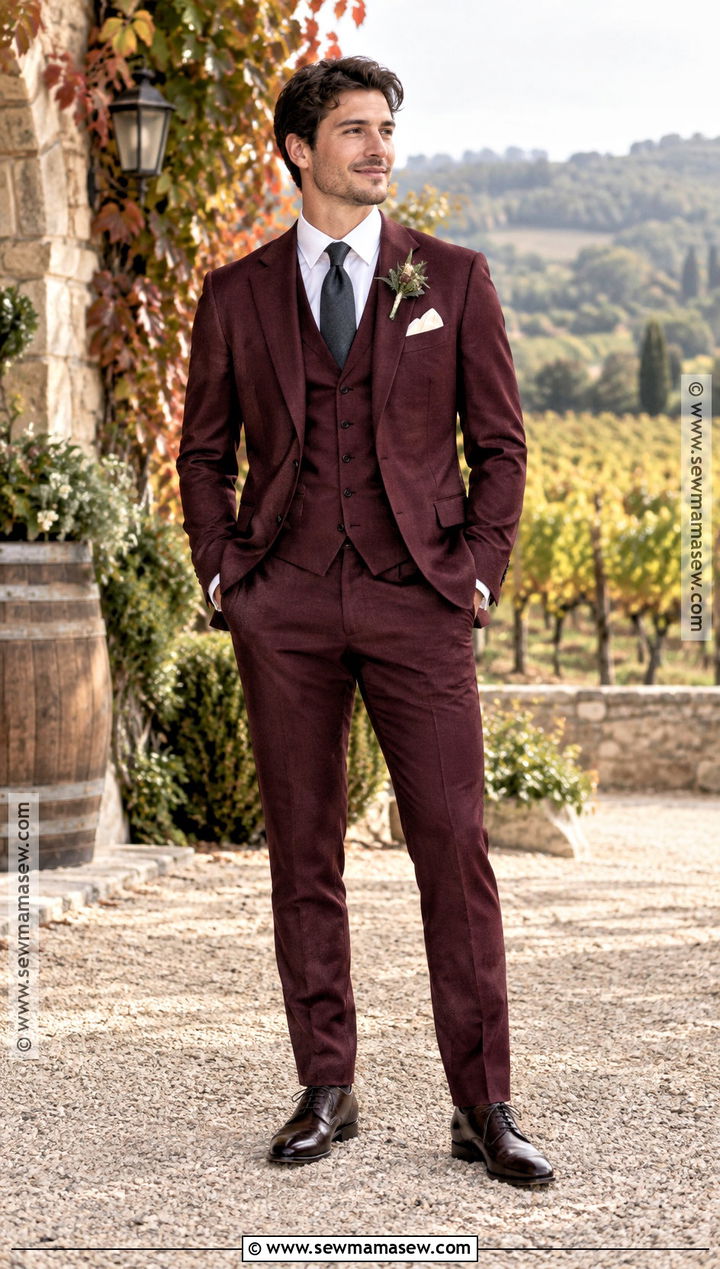 Burgundy Three Piece Suit Groom Attire - 25 fall wedding groom attire ideas