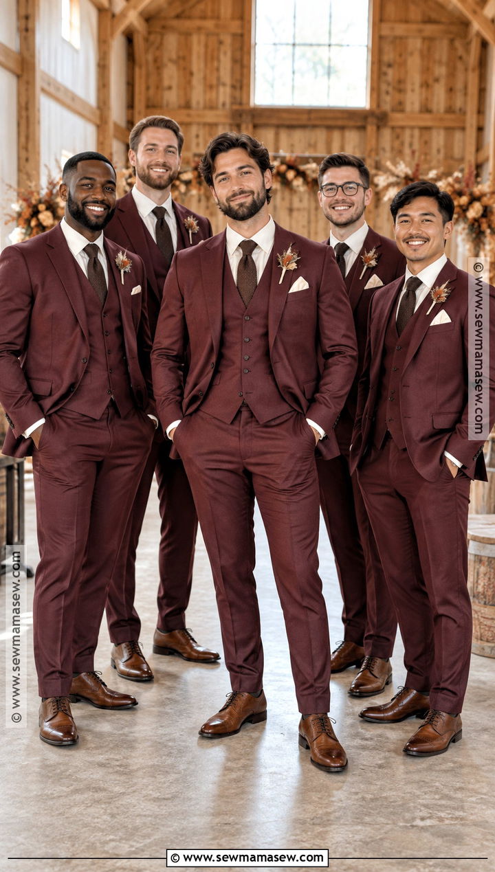 Burgundy Three Piece Suit With Cream Shirt - 15 burgundy groomsmen attire fall wedding ideas
