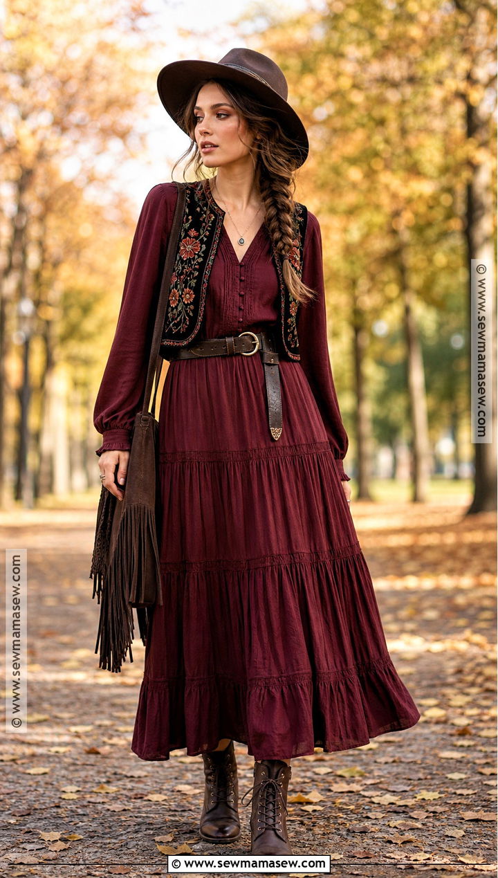 Burgundy Tiered Dress Boho Witch Outfit - 30 Boho Witch Outfits