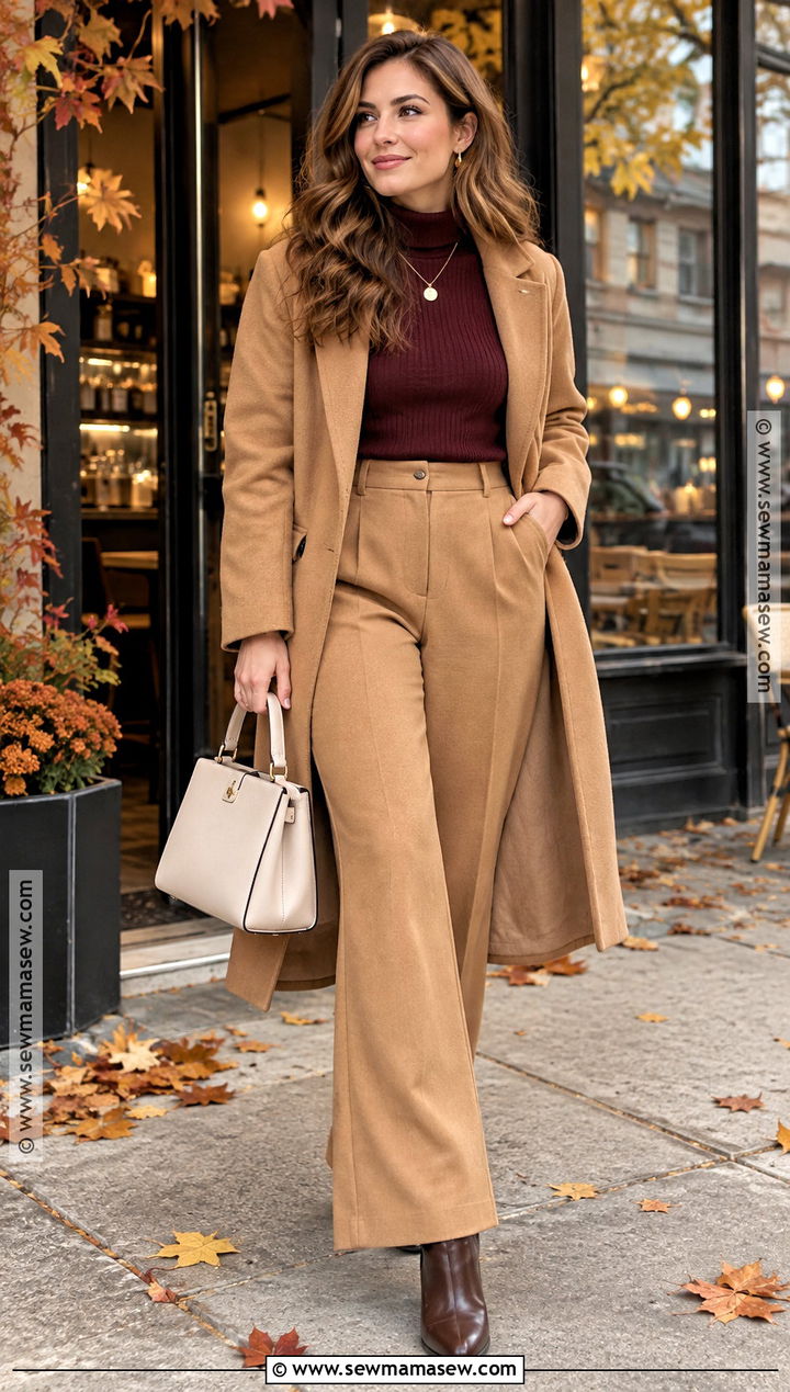 Burgundy Top And Camel Trousers Coffee Date Outfit - 15 coffe date autumn outfit ideas