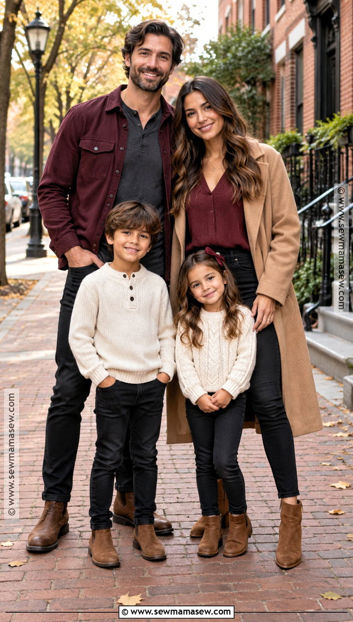 Burgundy Tops And Black Jeans Family Outfit - 20 october family photos outfits jeans