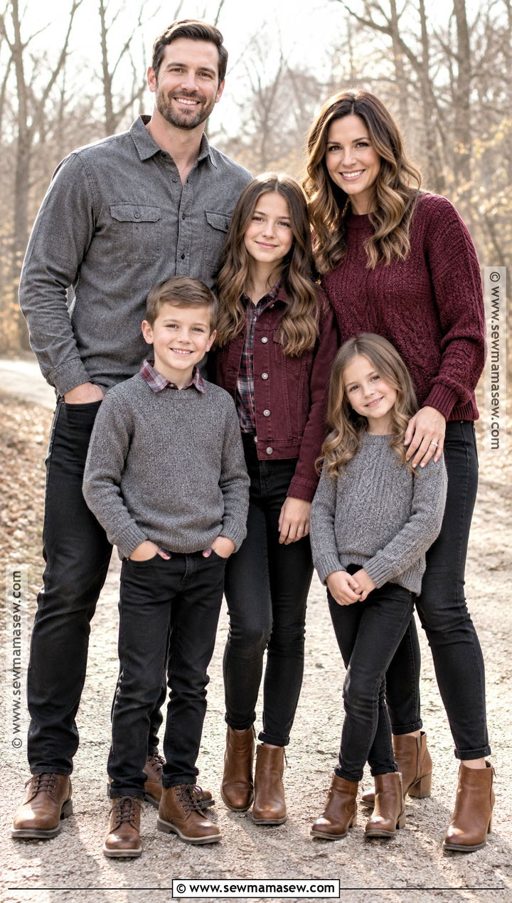 Burgundy Tops And Black Jeans Family Outfit - 15 fall family photo outfits outdoor jeans