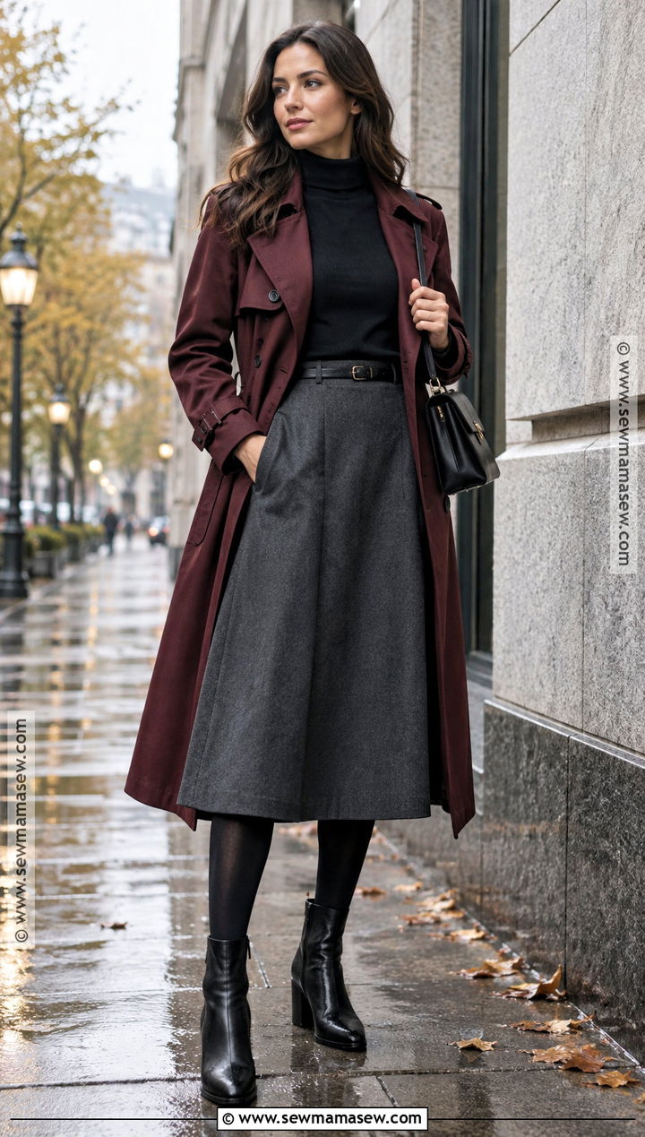 Burgundy Trench And Midi Skirt Work Outfit - 20 Fall Rainy Day Outfits Work