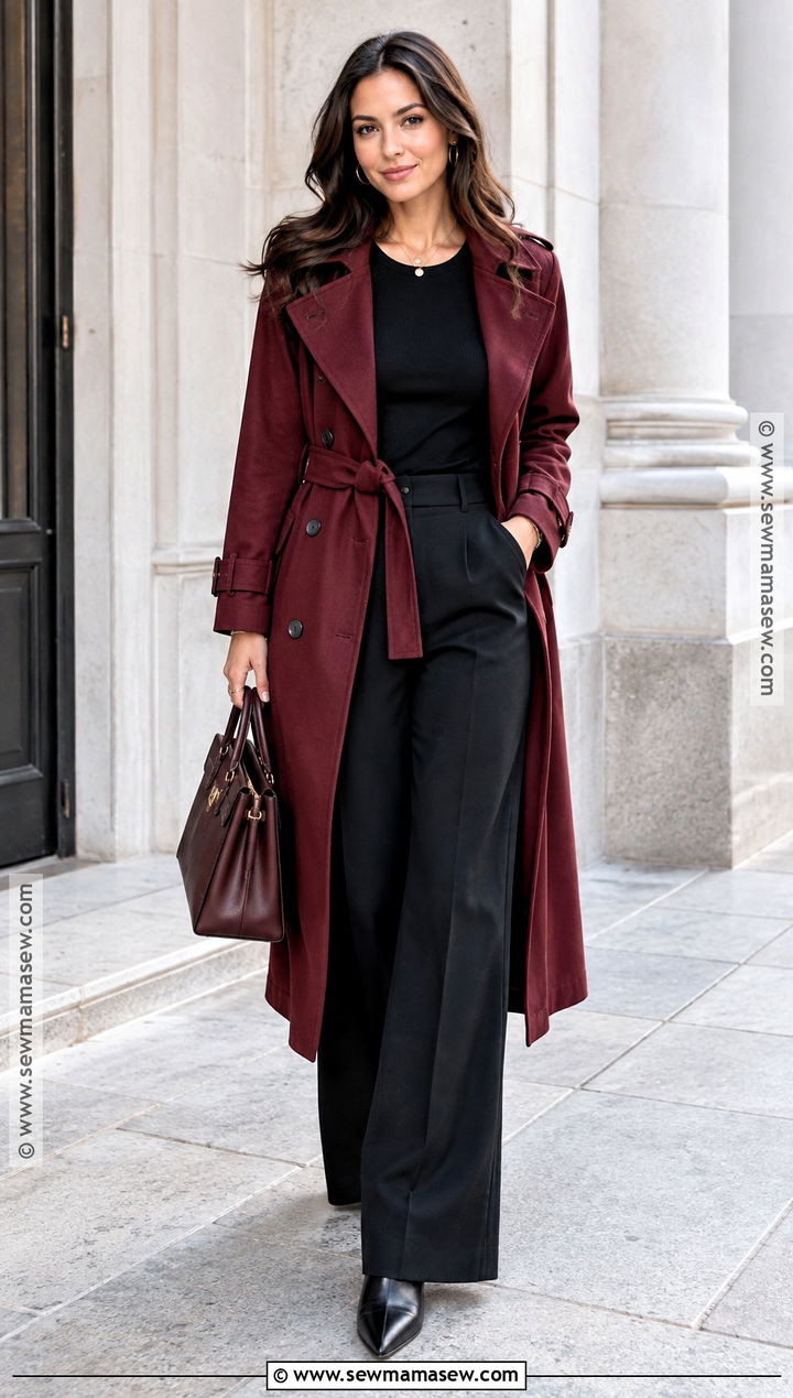 Burgundy Trench Coat And Black Trousers Fall Outfit - 20 nice fall outfits
