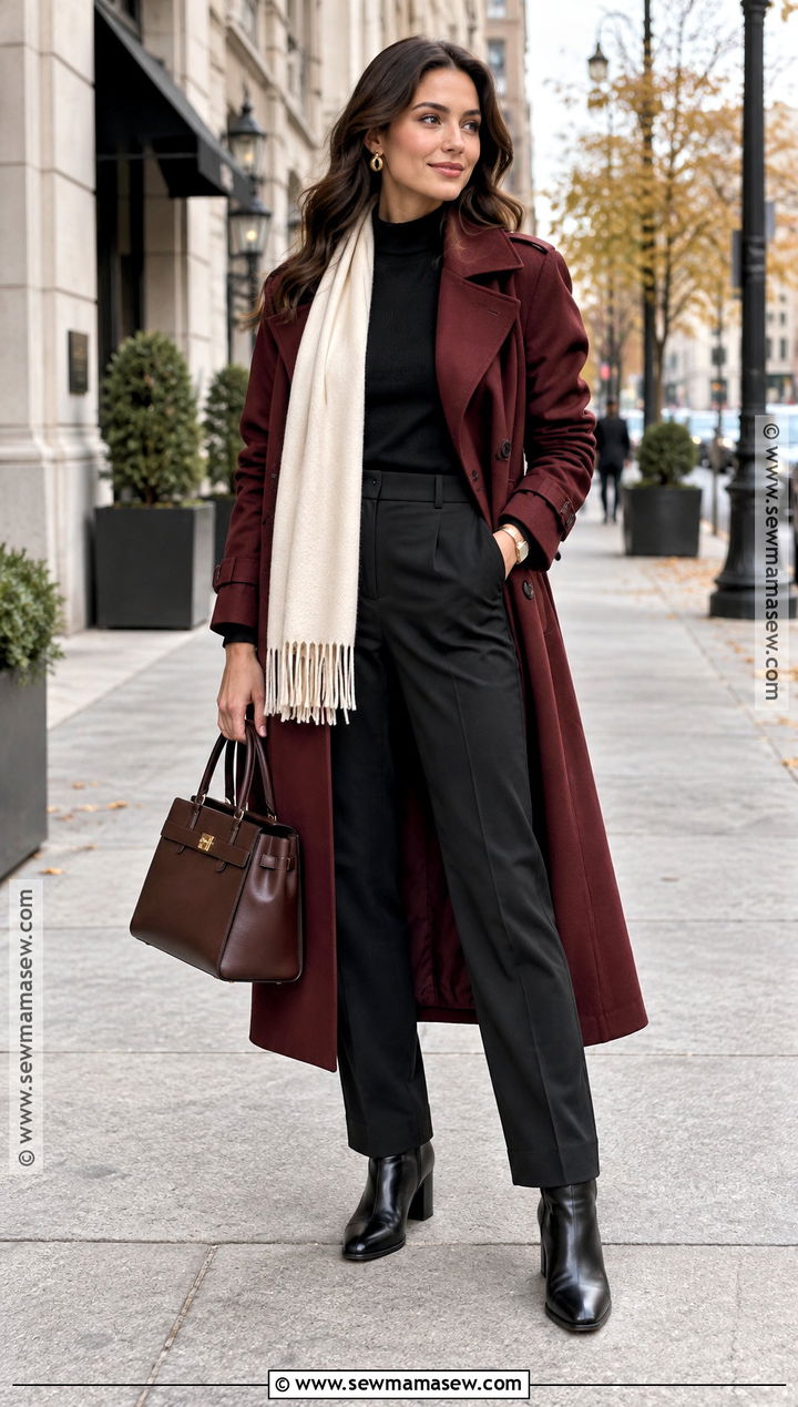 Burgundy Trench Coat With Black Basics - 20 fall outfits trench coat
