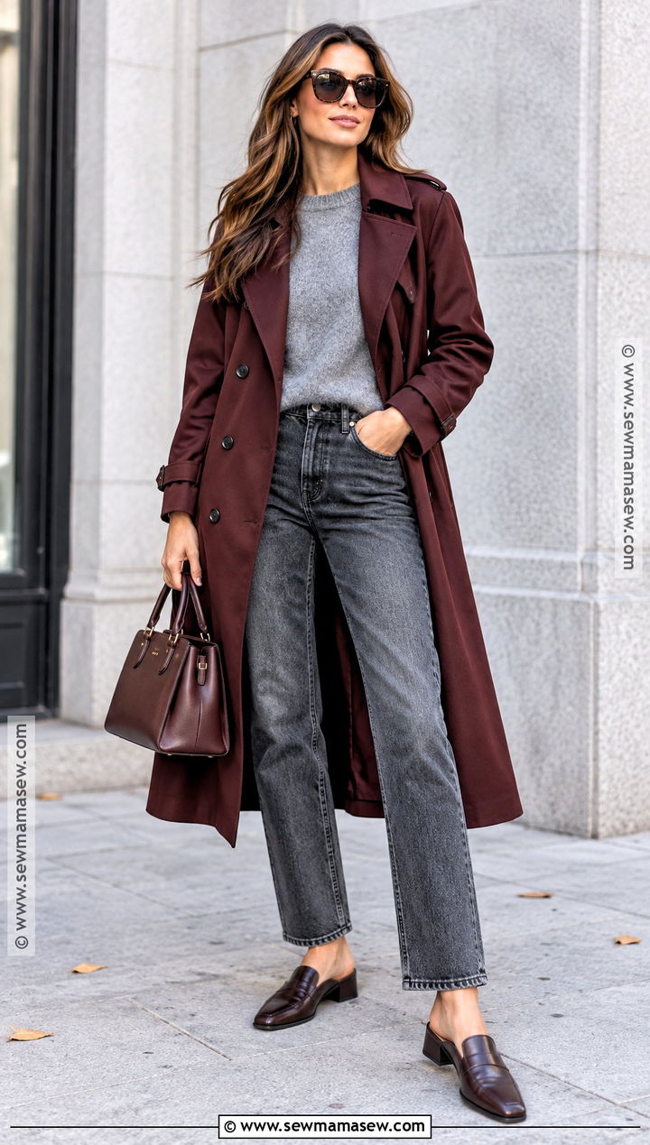 Burgundy Trench Coat With Gray Jeans And Leather Mules - 15 fall trenchcoat outfit ideas