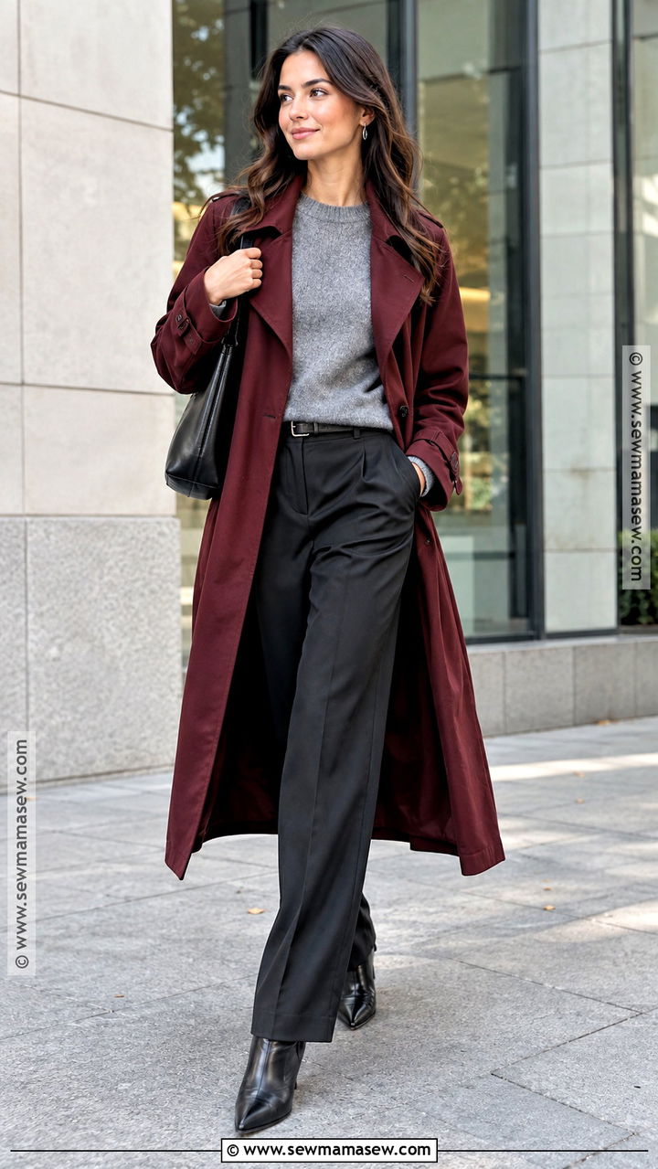 Burgundy Trench Coat With Gray Knit And Black Trousers - 20 fall outfit trench coat ideas