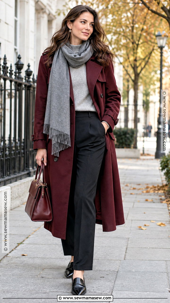 Burgundy Trench Coat With Neutral Knitwear - 20 autumn trench coat ideas