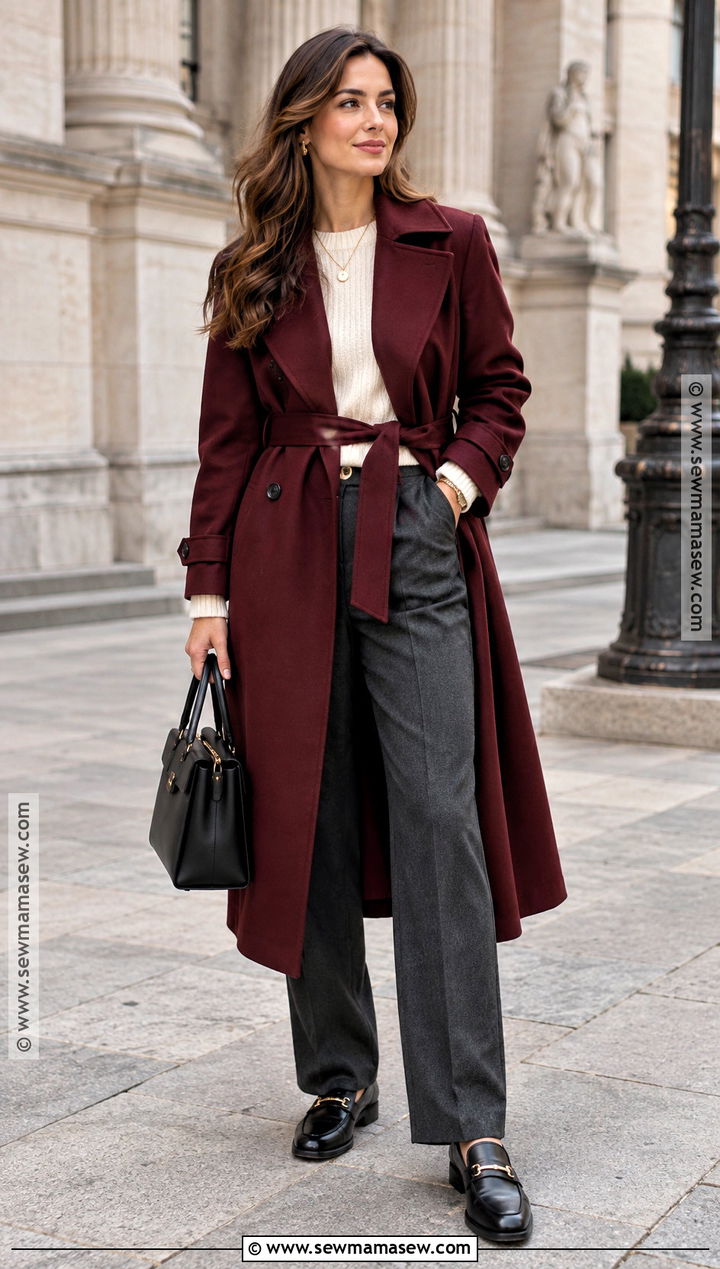 Burgundy Trench Coat With Neutral Separates - 20 autumn trench coat outfit ideas