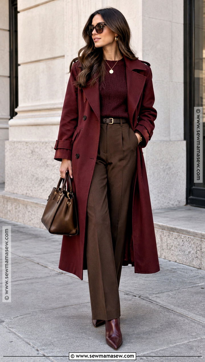 Burgundy Trench Coat With Tonal Separates - 25 fall chic outfits