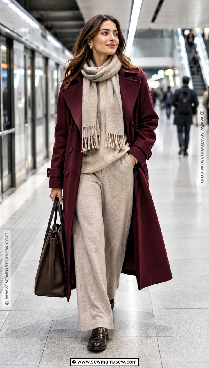 Burgundy Trench Coat With a Knit Set - 20 burgundy autumn outfit ideas