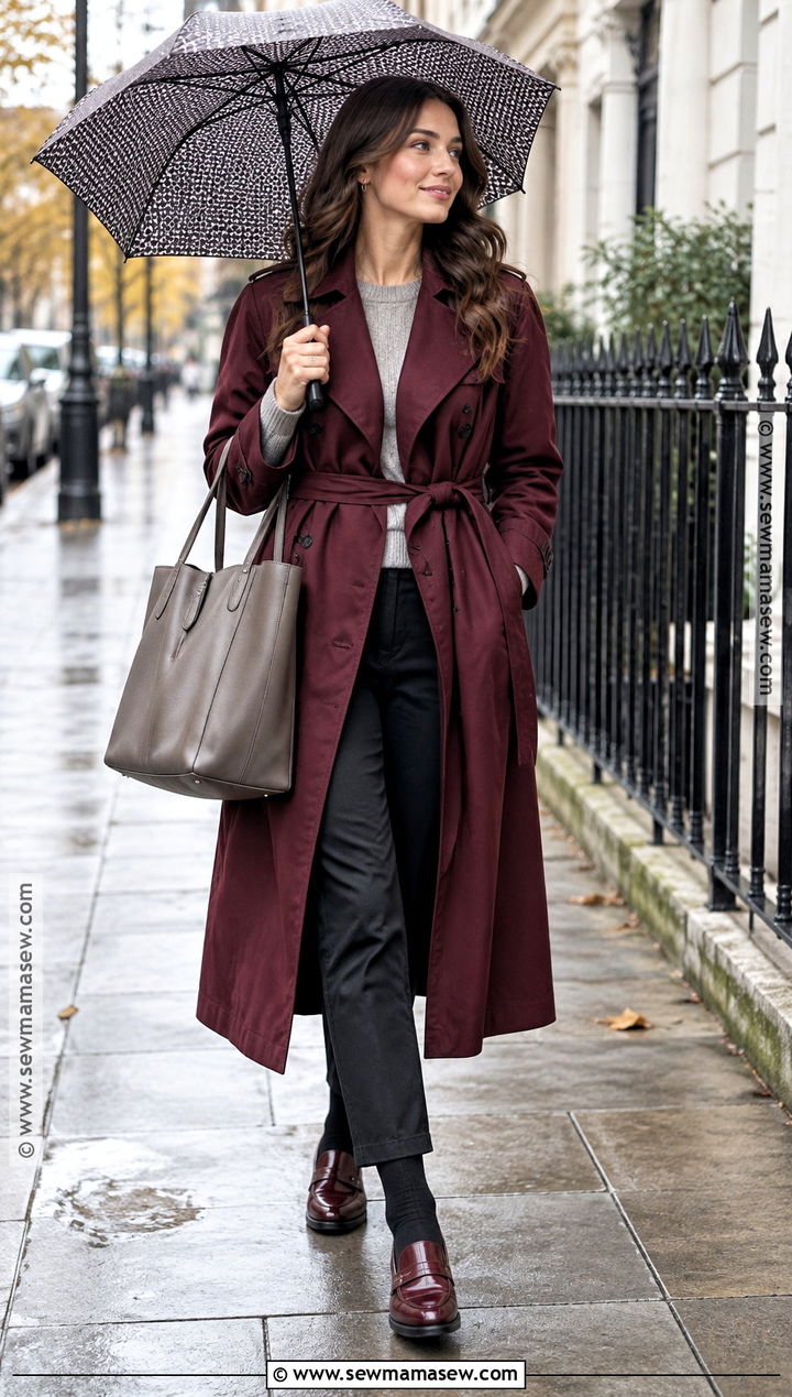 Burgundy Trench Coat and Loafers Outfit - 15 fall burgandy outfits
