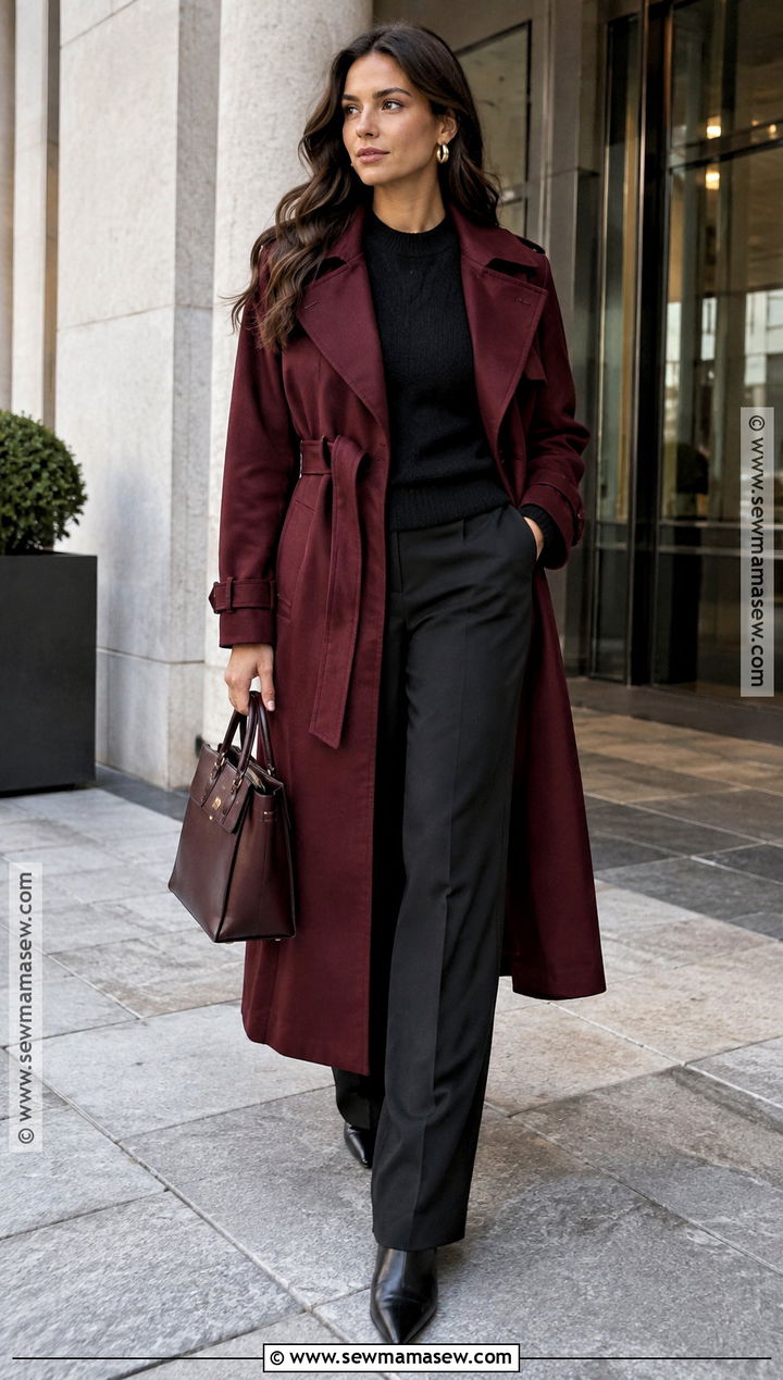 Burgundy Trench and Black Pants Fall Outfit - 30 fall inspo outfits