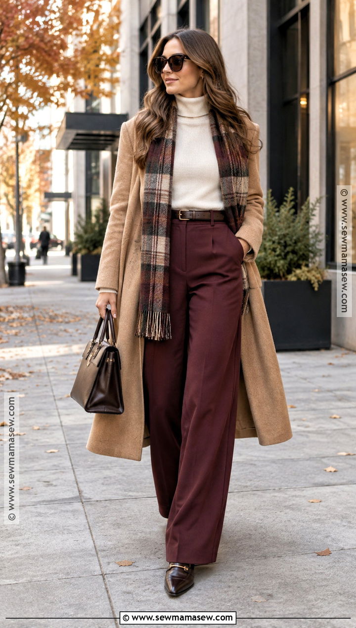 Burgundy Trousers And Camel Coat Outfit - 15 fall fashion burgundy ideas