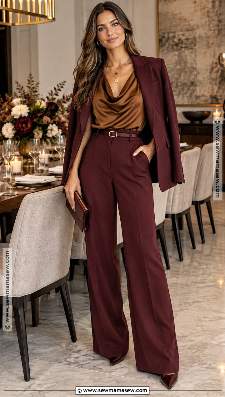 Burgundy Trousers And Draped Blouse Fall Rehearsal Outfit - 20 fall wedding rehearsal outfit ideas