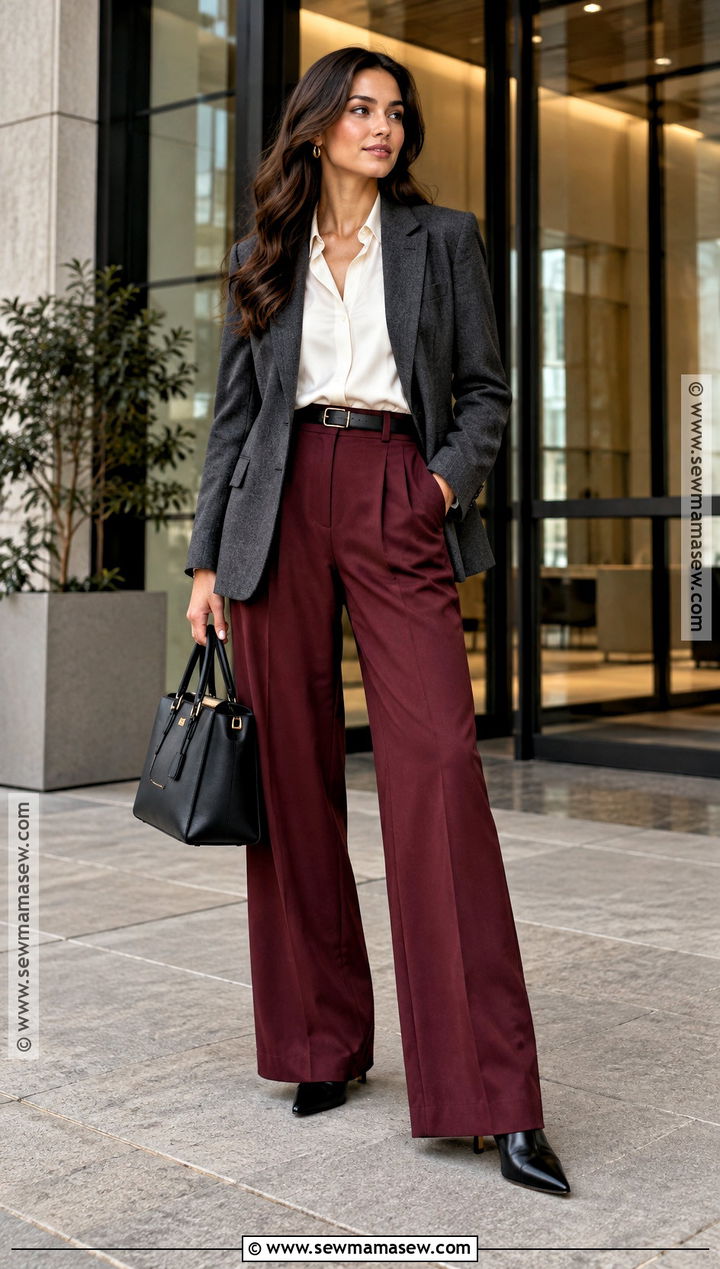 Burgundy Trousers With Blazer And Heeled Boots - 20 trousers fall outfit ideas