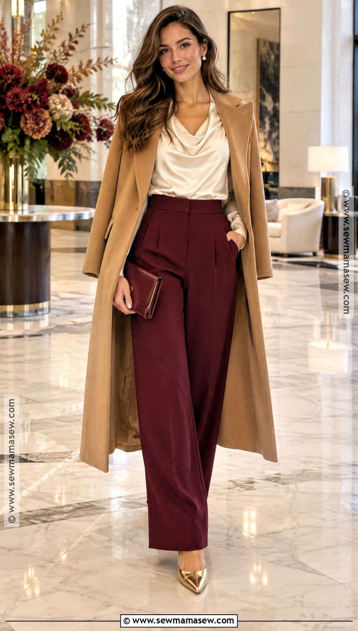 Burgundy Trousers and Satin Blouse Fall Cocktail Outfit - 20 Fall Cocktail Attire Ideas for Women