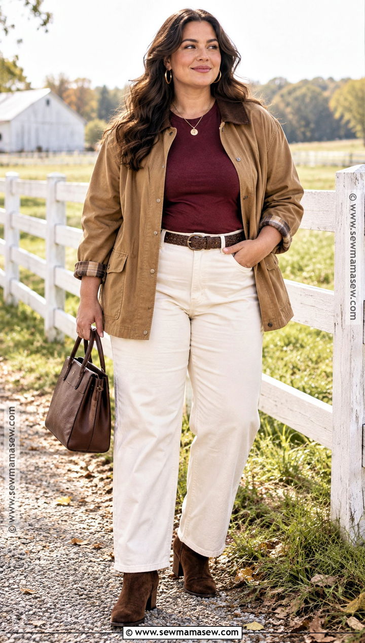 Burgundy Tshirt With Cream Jeans And Barn Jacket - 20 fall tshirt ideas