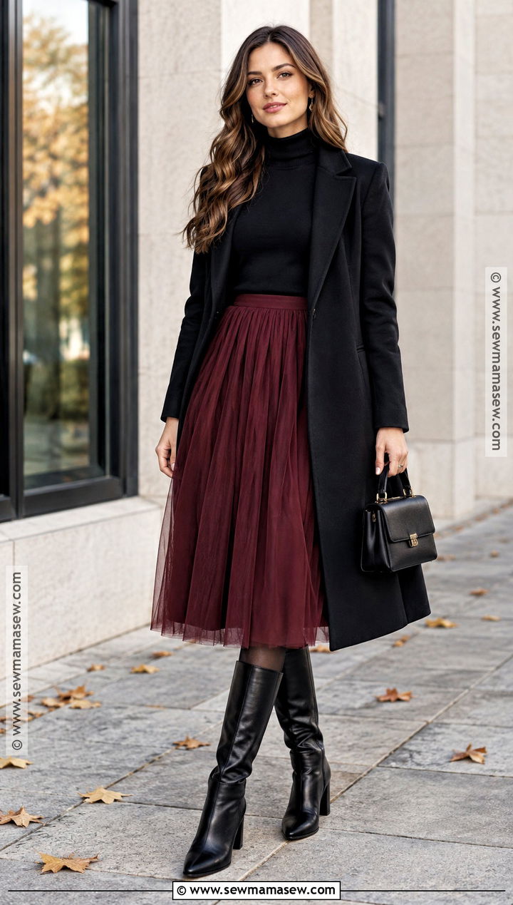 Burgundy Tulle Skirt With Black Turtleneck - 15 tulle skirt fall outfit ideas
