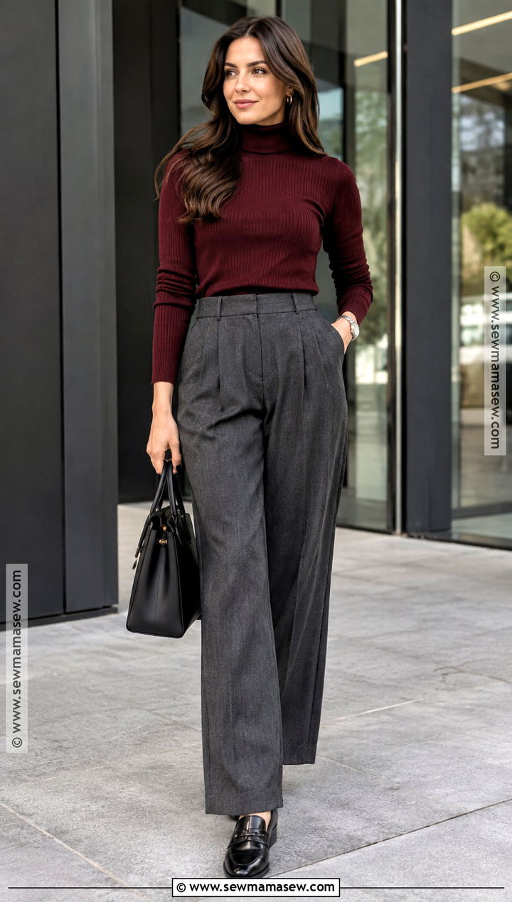 Burgundy Turtleneck And Gray Trousers Autumn Outfit - 25 classy autumn outfits