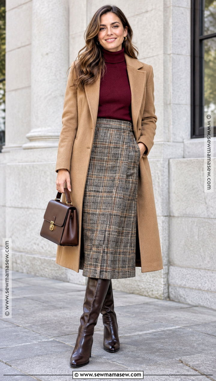 Burgundy Turtleneck With Plaid Midi Skirt - 25 burgundy fall outfits