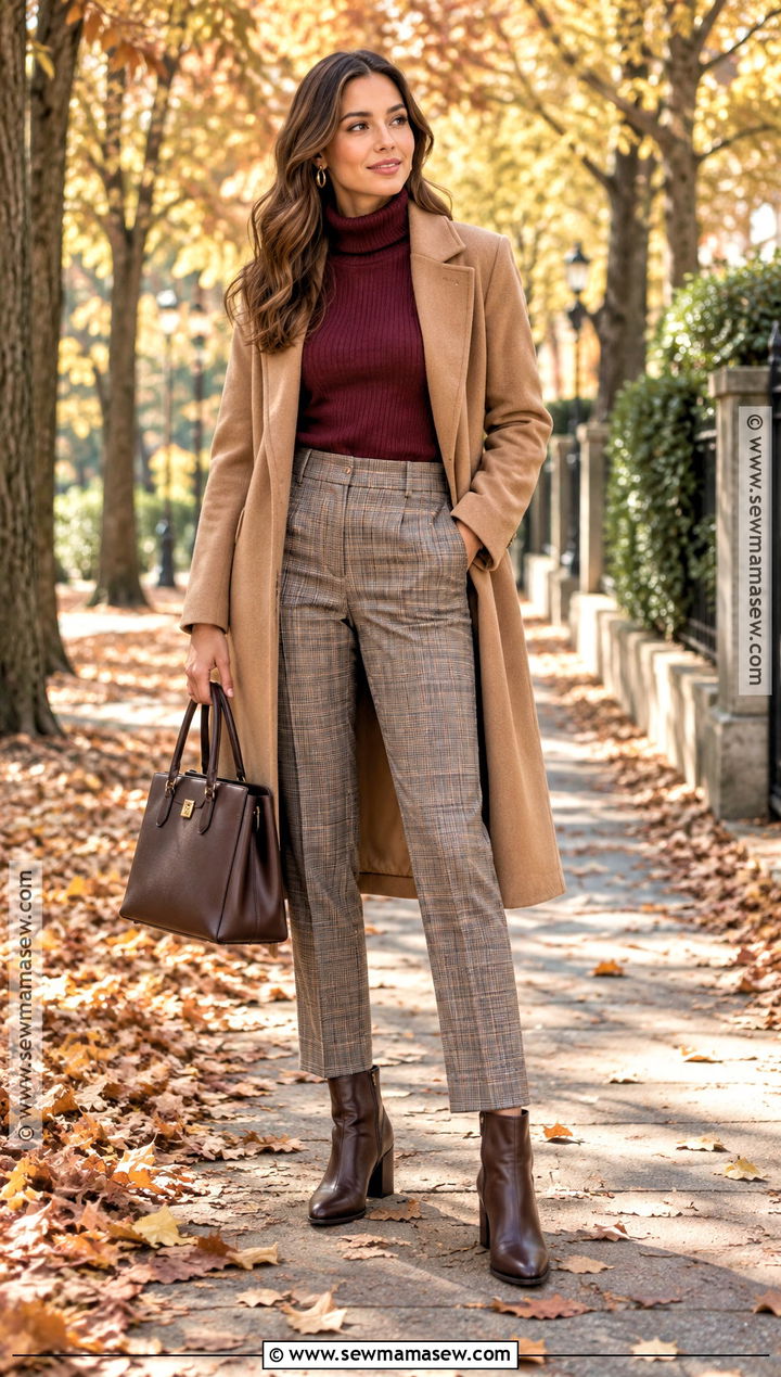 Burgundy Turtleneck With Plaid Pants And Ankle Boots - 15 fall turtlenecks ideas