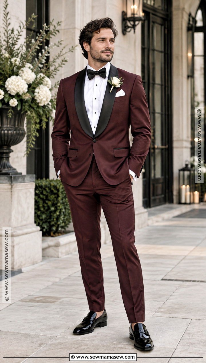 Burgundy Tuxedo October Groom Attire - 15 october groom attire ideas