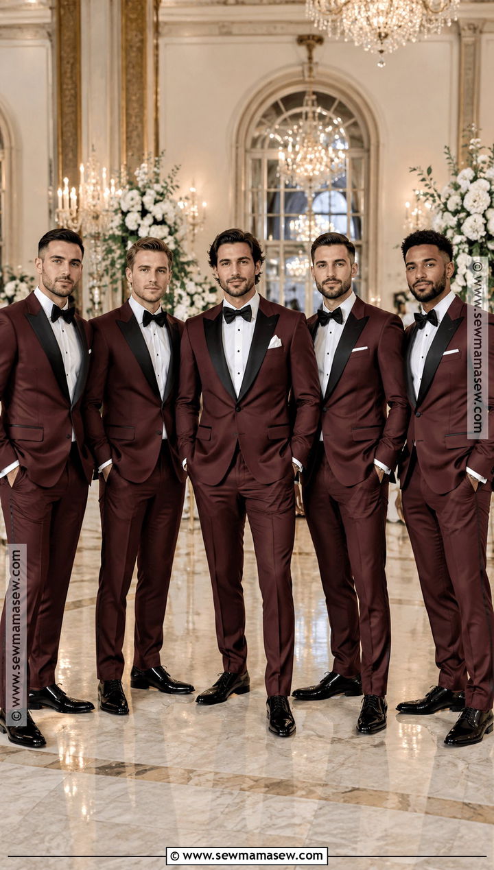 Burgundy Tuxedo With Black Bow Tie - 15 burgundy groomsmen attire fall wedding ideas