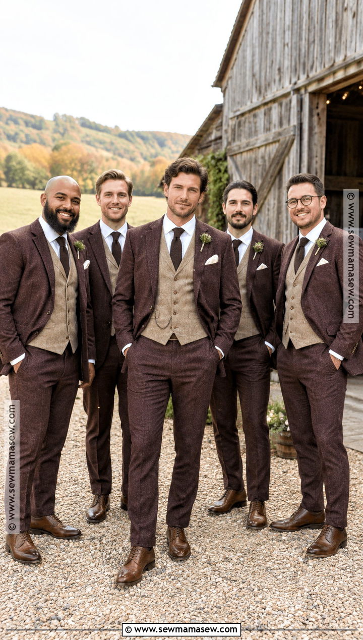Burgundy Tweed Suit With Tan Waistcoat - 15 burgundy groomsmen attire fall wedding ideas