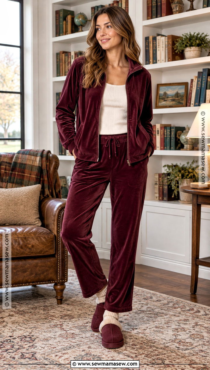 Burgundy Velour Fall Pajama Set - 20 Fall Pjs Aesthetic Ideas