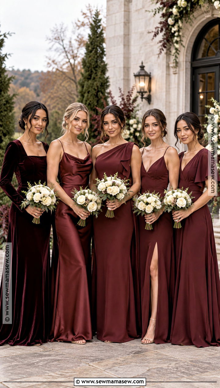 Burgundy Velvet And Satin Bridesmaid Dresses - 25 mixed bridesmaid dresses fall