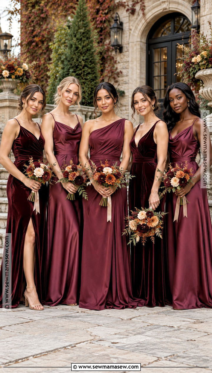 Burgundy Velvet And Satin Bridesmaid Dresses - 15 Fall Mix Matched Bridesmaid Dresses