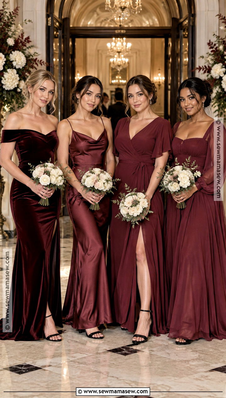 Burgundy Velvet And Satin Mismatch Bridesmaid Dresses - 15 Fall Mismatch Bridesmaid Dresses