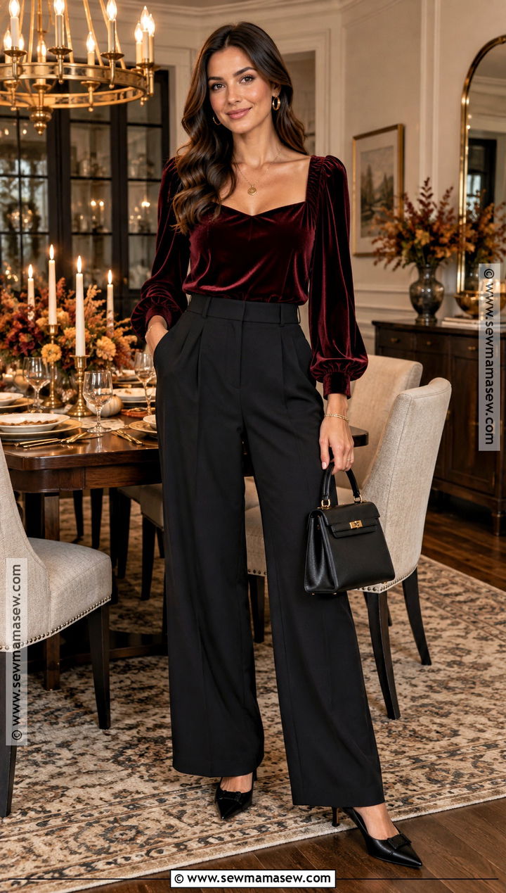 Burgundy Velvet Blouse And Tailored Pants Thanksgiving Outfit - 20 Thanksgiving Outfit Classy Ideas