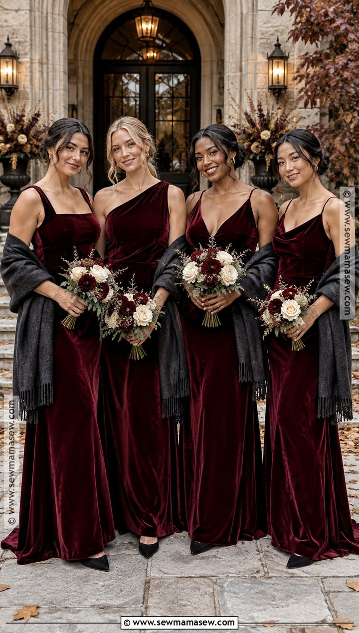 Burgundy Velvet Bridesmaid Dress - 15 November Wedding Colors Bridesmaid Dress Ideas