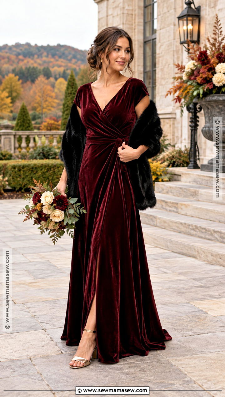 Burgundy Velvet Bridesmaid Dress With Gold Heels - 15 Moody Fall Bridesmaid Dresses