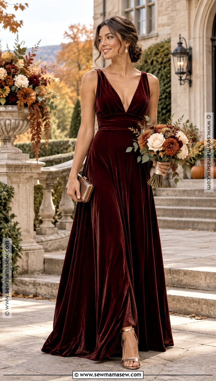 Burgundy Velvet Bridesmaid Dress With Gold Heels - 15 Fall Themed Bridesmaid Dresses