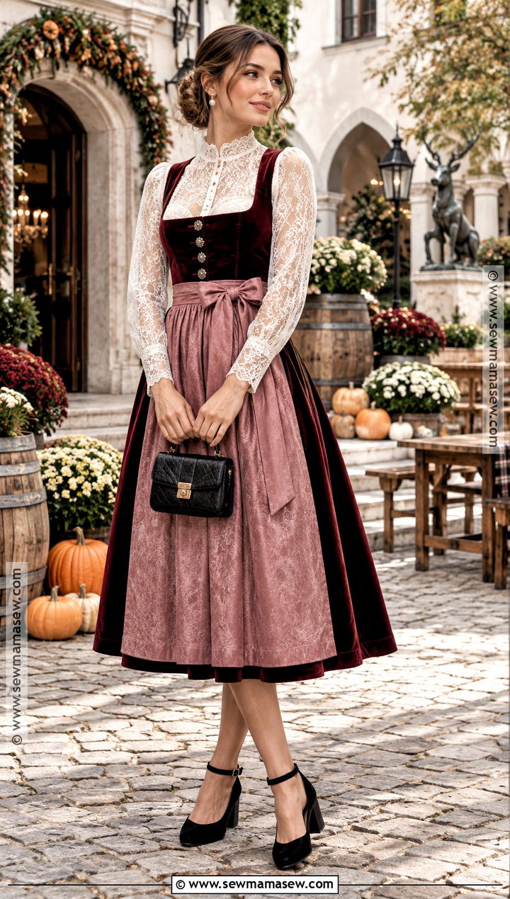 Burgundy Velvet Dirndl Oktoberfest Outfit - 15 October Fest Dress Ideas