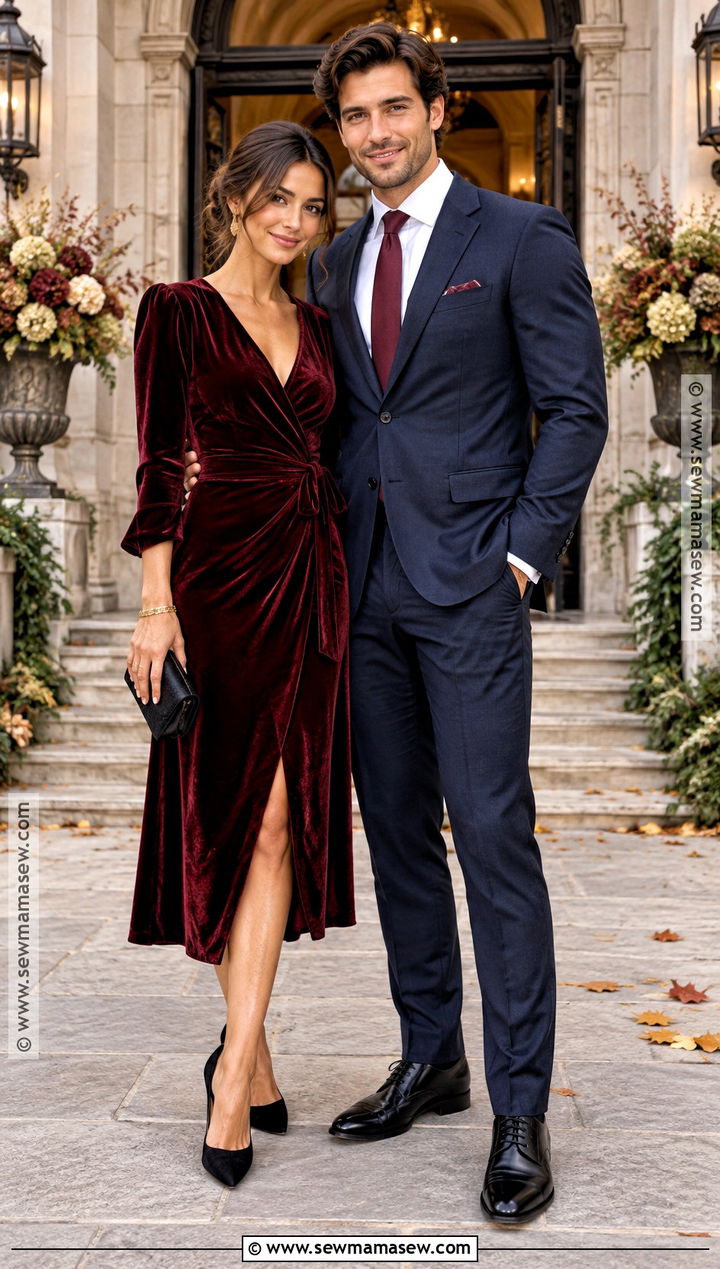 Burgundy Velvet Dress And Navy Suit Fall Wedding Guest Couple Outfit - 20 fall wedding guest couple outfits