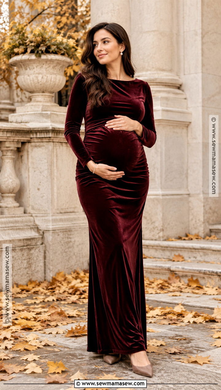 Burgundy Velvet Dress Fall Maternity Photoshoot - 20 maternity fall outfits photoshoot