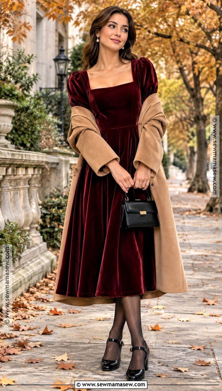 Burgundy Velvet Dress Fall Princess Outfit - 15 Fall Princess Outfit Ideas